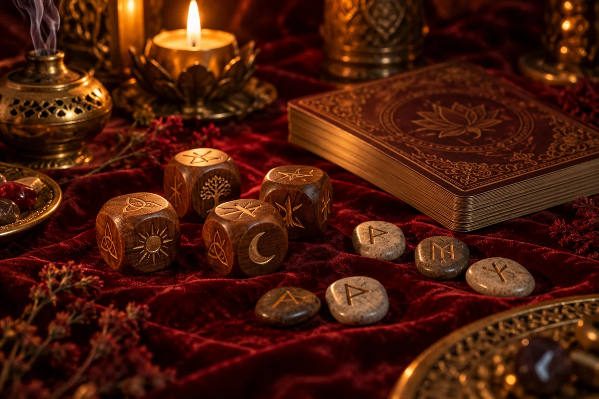Dados oraculares, pedras com runas e um baralho de conselho sobre tecido carmim, iluminados por velas